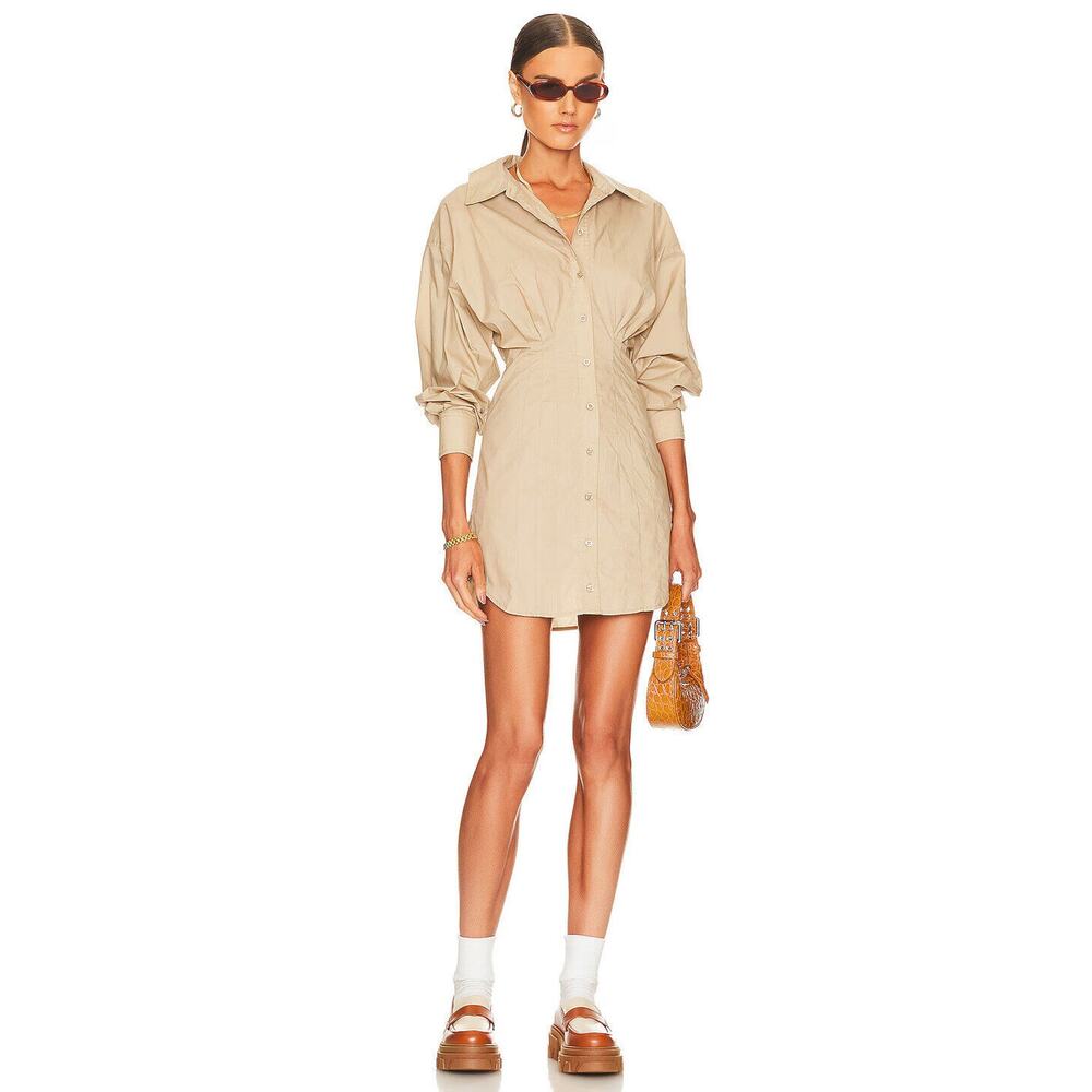 L'Academie x Revolve The Ismene Mini Dress Button Shirt Dress Khaki Tan Size XS - Picture 1 of 16